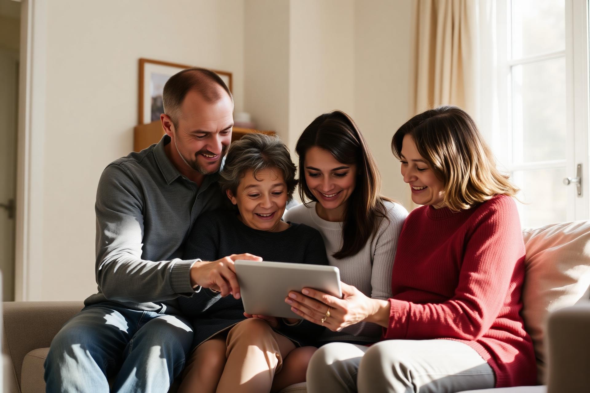 A family gathered around a tablet, watching together