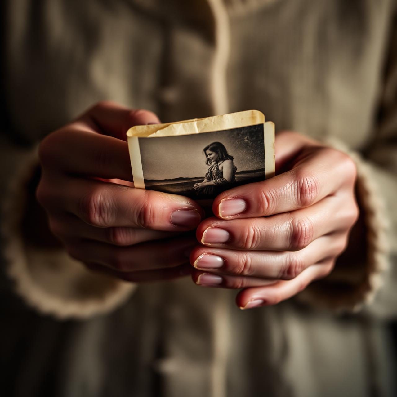 Hands gently holding an old photograph